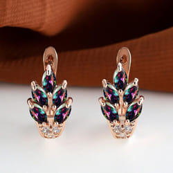 Fashion Women Rose Gold Color Leaf Ear Hook Earrings Marquise Cut Red Blue Purple Stone Pendant Earrings Jewelry Bridal Wedding Gift Acce - multicolor