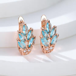 Fashion Women Rose Gold Color Leaf Ear Hook Earrings Marquise Cut Red Blue Purple Stone Pendant Earrings Jewelry Bridal Wedding Gift Accessorie - aqua
