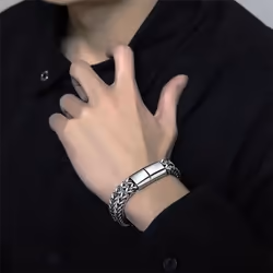 Double Chain Magnetic Bracelet Fashion Personality Men Punk Hip Hop Classic Motorcycle Chain Bracelets Bracelet Jewelry Anniversary Gif - silver, 20cm