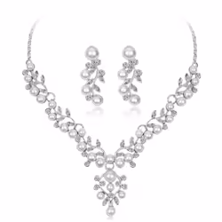 Women Elegant Faux Pearl Rhinestone Leaves Necklace Earrings Wedding Jewelry Set