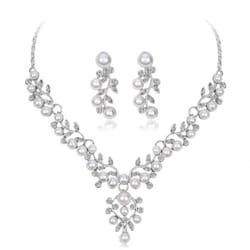 Women Elegant Faux Pearl Rhinestone Leaves Necklace Earrings Wedding Jewelry Set