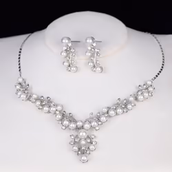 Women Elegant Faux Pearl Rhinestone Leaves Necklace Earrings Wedding Jewelry Set