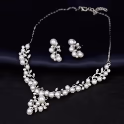 Women Elegant Faux Pearl Rhinestone Leaves Necklace Earrings Wedding Jewelry Set