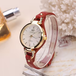 Women Casual Watches Round Dial Rivet Pu Leather Strap Wristwatch Ladies Analog Quartz Watch Gift - red