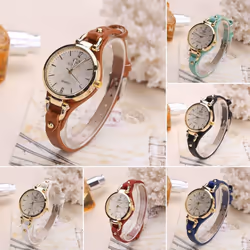 Women Casual Watches Round Dial Rivet Pu Leather Strap Wristwatch Ladies Analog Quartz Watch Gift - red