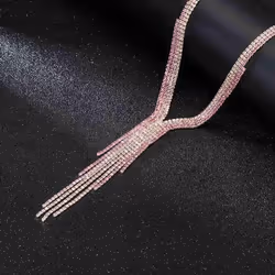 Long Tassel Simple Crystal Rhinestone Choker Necklace Women Gem Statement Collares Chokers Bijoux - pink, 40+7.5cm