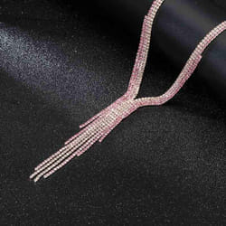 Long Tassel Simple Crystal Rhinestone Choker Necklace Women Gem Statement Collares Chokers Bijoux - pink, 40+7.5cm