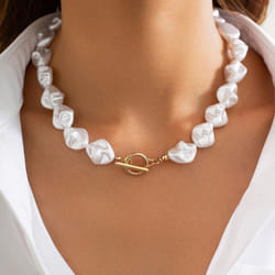 &quot;european & American Irregular Pearl Necklace: Luxurious Metallic Clavicle Chain Set&quot; - gold,white, Necklace 6836