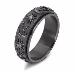 Star Moon Sun Rotating Titanium Steel Ring Unisex Bohemian Relief Anxiety Jewelry Accessories - black, 6