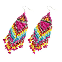 Women Bohemian Long Beaded Tassel Drop Dangle Hook Earrings Party Jewelry Gift - rose red