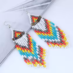 Women Bohemian Long Beaded Tassel Drop Dangle Hook Earrings Party Jewelry Gift - rose red