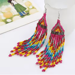 Women Bohemian Long Beaded Tassel Drop Dangle Hook Earrings Party Jewelry Gift - rose red