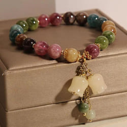 Fashion Natural Color Tourmaline Crystal Bracelets Women&apos;s Light Luxury Orchid Pendant Beaded Bracelet Birthday Party Jewelry