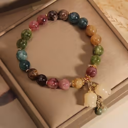 Fashion Natural Color Tourmaline Crystal Bracelets Women&apos;s Light Luxury Orchid Pendant Beaded Bracelet Birthday Party Jewelry