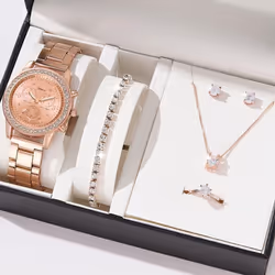 6pcs Set Luxury Watch Women Ring Necklace Earrings Rhinestone Fashion Wristwatch Female Casual Ladies Watches Bracelet Set Cl ...