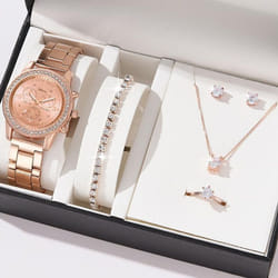 6pcs Set Luxury Watch Women Ring Necklace Earrings Rhinestone Fashion Wristwatch Female Casual Ladies Watches Bracelet Set Clock - rose gold