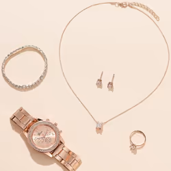 6pcs Set Luxury Watch Women Ring Necklace Earrings Rhinestone Fashion Wristwatch Female Casual Ladies Watches Bracelet Set Clock - rose gold