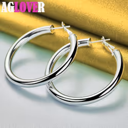 925 Sterling Silver 50mm Round Smooth Big Circle Hoop Earrings Jewelry