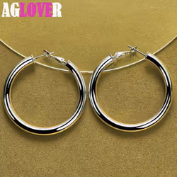 925 Sterling Silver 50mm Round Smooth Big Circle Hoop Earrings Jewelry