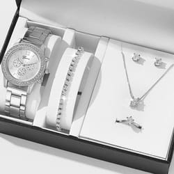 6pcs Set Luxury Watch Women Ring Necklace Earrings Rhinestone Fashion Wristwatch Female Casual Ladies Watches Bracelet Set Clock - silver
