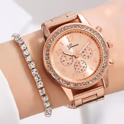 6pcs Set Luxury Watch Women Ring Necklace Earrings Rhinestone Fashion Wristwatch Female Casual Ladies Watches Bracelet Set Clock - silver