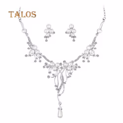 Talos Crystal Stone Faux Pearl Flower Necklace Earrings Women Wedding Jewelry Set