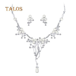 Talos Crystal Stone Faux Pearl Flower Necklace Earrings Women Wedding Jewelry Set