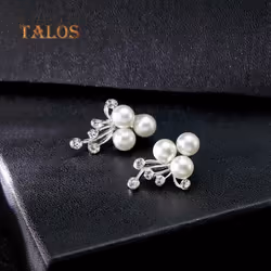 Talos Crystal Stone Faux Pearl Flower Necklace Earrings Women Wedding Jewelry Set