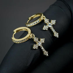 1 Pair Fashion Small Cross Earrings Crystal Gold Cross Hoop Earrings For Women Men Gift Hip Hop Rock Jewelry - gold