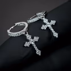 1 Pair Fashion Small Cross Earrings Crystal Gold Cross Hoop Earrings For Women Men Gift Hip Hop Rock Jewelry - silver