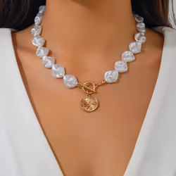 "european & American Irregular Pearl Necklace: Luxurious Metallic Clavicle Chain Set" - gold, Necklace 6834