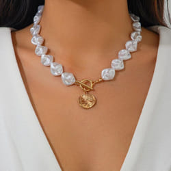 &quot;european & American Irregular Pearl Necklace: Luxurious Metallic Clavicle Chain Set&quot; - gold, Necklace 6834