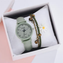 Women Fashion Watch Simple Leather Bracelet Watch Set Quartz Wristwatches Casual Female Clock - light green