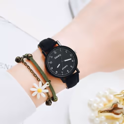 Women Fashion Watch Simple Leather Bracelet Watch Set Quartz Wristwatches Casual Female Clock - light green