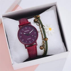 Women Fashion Watch Simple Leather Bracelet Watch Set Quartz Wristwatches Casual Female Clock - red