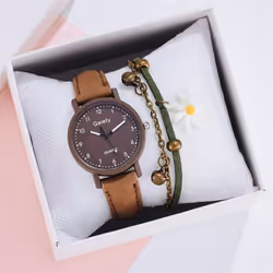 Women Fashion Watch Simple Leather Bracelet Watch Set Quartz Wristwatches Casual Female Clock - brown