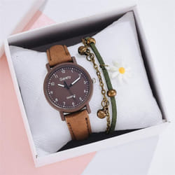 Women Fashion Watch Simple Leather Bracelet Watch Set Quartz Wristwatches Casual Female Clock - brown