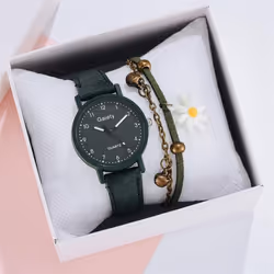Women Fashion Watch Simple Leather Bracelet Watch Set Quartz Wristwatches Casual Female Clock - green