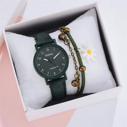 Women Fashion Watch Simple Leather Bracelet Watch Set Quartz Wristwatches Casual Female Clock - green