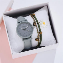 Women Fashion Watch Simple Leather Bracelet Watch Set Quartz Wristwatches Casual Female Clock - grey