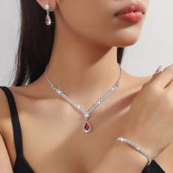 Luxury Bridal Jewelry Set: Women&apos;s Earrings, Necklace, And Bracelet Trio - red, three-piece suit