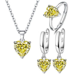 Anenjery Love Heart Zirconia Pendant Necklace Earrings Ring Jewelry Sets For Women Anniversary Engagement Party Jewelry Bijoux - yellow, Resizable