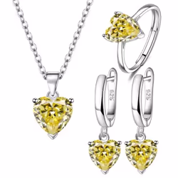 Anenjery Love Heart Zirconia Pendant Necklace Earrings Ring Jewelry Sets For Women Anniversary Engagement Party Jewelry Bijoux - yellow, Resizable