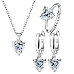 Anenjery Love Heart Zirconia Pendant Necklace Earrings Ring Jewelry Sets For Women Anniversary Engagement Party Jewelry Bijoux - white, Resizable