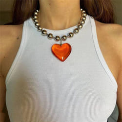 Girls Party Jewelry Short Choker Necklaces For Women Beads Chains Colorful Glass Hip Hop Minimalist Love Heart Pendant - orange, 21cm-50cm