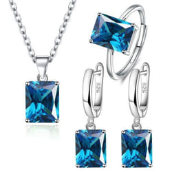 Anenjery Square Zirconia Pendant Necklace Earrings Ring Jewelry Sets For Women Anniversary Party Jewelry Gift Bijoux Femme - blue, Resizable