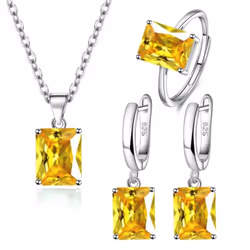 Anenjery Square Zirconia Pendant Necklace Earrings Ring Jewelry Sets For Women Anniversary Party Jewelry Gift Bijoux Femme - blue, Resizable