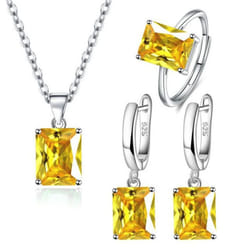Anenjery Square Zirconia Pendant Necklace Earrings Ring Jewelry Sets For Women Anniversary Party Jewelry Gift Bijoux Femme - yellow, Resizable