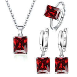Anenjery Square Zirconia Pendant Necklace Earrings Ring Jewelry Sets For Women Anniversary Party Jewelry Gift Bijoux Femme - red, Resizable
