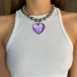 Girls Party Jewelry Short Choker Necklaces For Women Beads Chains Colorful Glass Hip Hop Minimalist Love Heart Pendant - light purple, 21cm-50cm